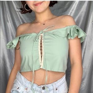 ZARA SEAGREEN RUFFLE OFF-SHOULDER EYELET CROP TOP